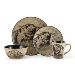 Mossy Oak Animal Print 16 Piece Dinnerware Set, Service For 4 -Famous Tableware Store 5138758 4pc Bear onWhite