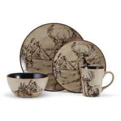 Mossy Oak Animal Print 16 Piece Dinnerware Set, Service For 4 -Famous Tableware Store 5138758 4pc Deer onWhite