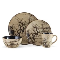 Mossy Oak Animal Print 16 Piece Dinnerware Set, Service For 4 -Famous Tableware Store 5138758 4pc Moose onWhite