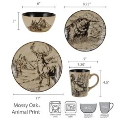 Mossy Oak Animal Print 16 Piece Dinnerware Set, Service For 4 -Famous Tableware Store 5138758 dimensions