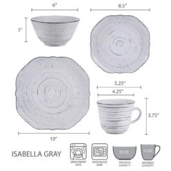 Isabella Gray 16 Piece Dinnerware Set, Service For 4 16 Isabella Gray 16 Piece Dinnerware Set, Service For 4 -Famous Tableware Store 5280759 dimensions