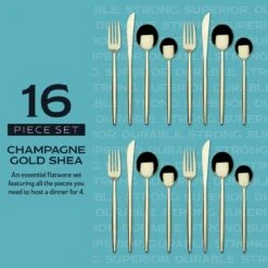 Shea Gold Forged 16 Piece Flatware Set, Service For 4 15 Shea Gold Forged 16 Piece Flatware Set, Service For 4 -Famous Tableware Store 5292340 IG4 forged champagne gold shea 16pc flatware