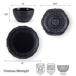 Chateau Midnight 12 Piece Dinnerware Set, Service For 4 16 Chateau Midnight 12 Piece Dinnerware Set, Service For 4 -Famous Tableware Store 5296078 PFZ Chateau Navy 3pc Set Infographic Dims