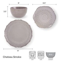Chateau Smoke 12 Piece Dinnerware Set, Service For 4 -Famous Tableware Store 5296080 PFZ Chateau Smoke 3pc Set Infographic