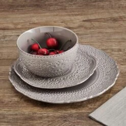 Chateau Smoke 12 Piece Dinnerware Set, Service For 4 -Famous Tableware Store 5296080 PFZ Chateau Smoke 3pc Set Lifestyle