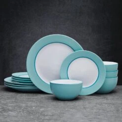 Grayson Teal 12 Piece Dinnerware Set, Service For 4 13 Grayson Teal 12 Piece Dinnerware Set, Service For 4 -Famous Tableware Store 5296690 GraysonTeal 12pc lifestyle frontview