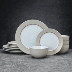 Grayson Taupe 12 Piece Dinnerware Set, Service For 4 -Famous Tableware Store 5296694 GraysonTaupe 12pc lifestyle frontview