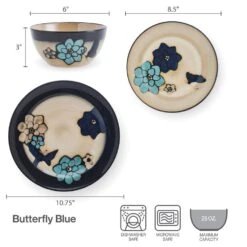 Painted Butterfly Blue 12 Piece Dinnerware Set, Service For 4 -Famous Tableware Store 5296888 PFZ Painted Butterfly Dims Infographic 1